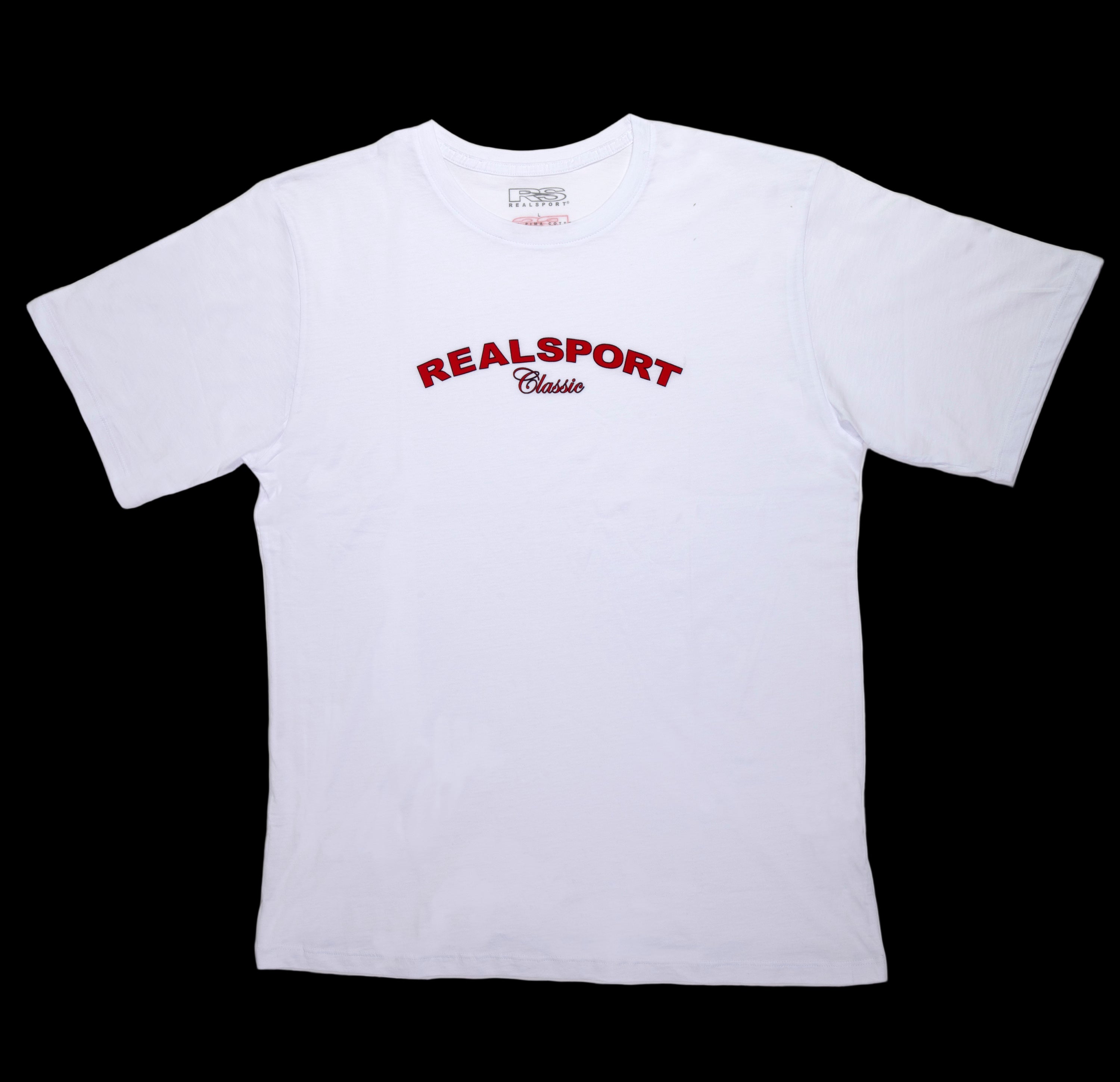 White T-shirt with Red REALSPORT CLASSIC Trademark name with LOGO on the back
