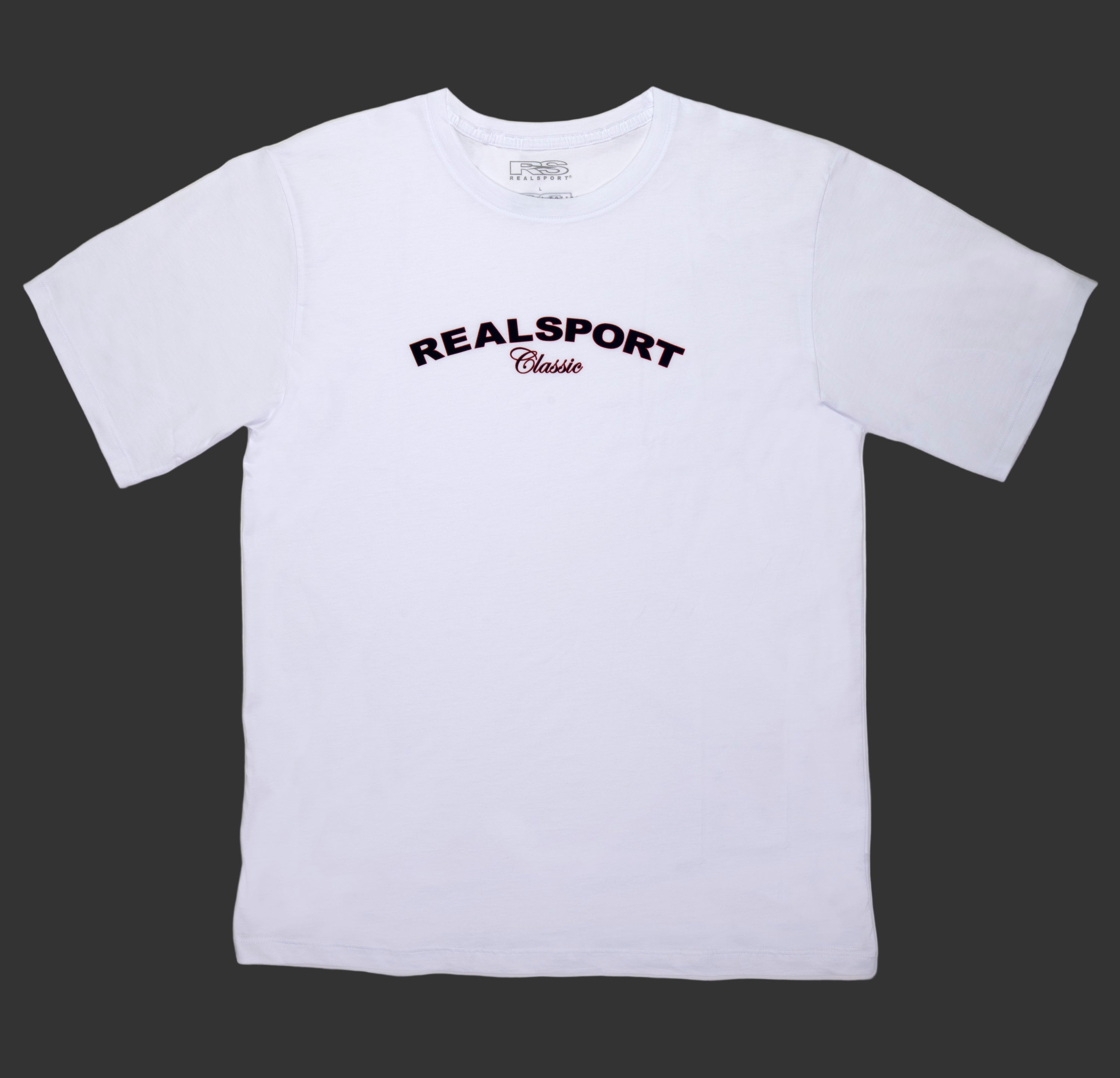 White T-shirt with Blue REALSPORT CLASSIC Trademark name with LOGO on the back
