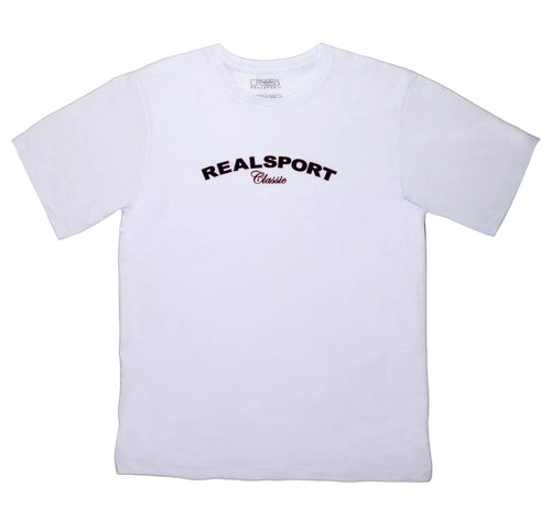 White T-shirt with Blue REALSPORT CLASSIC Trademark name with LOGO on the back